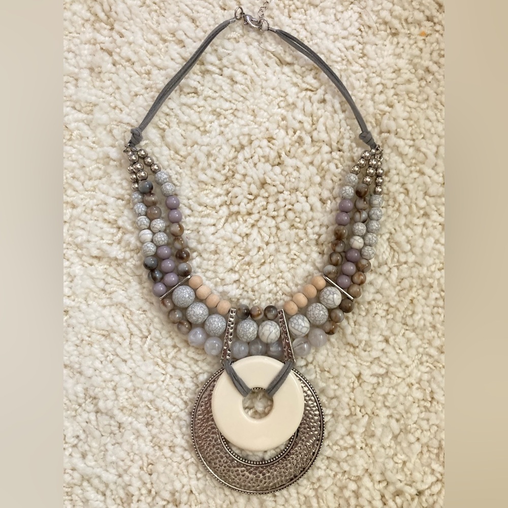 Boho Style Statement Necklace Silver, Gray, Cream… - image 3